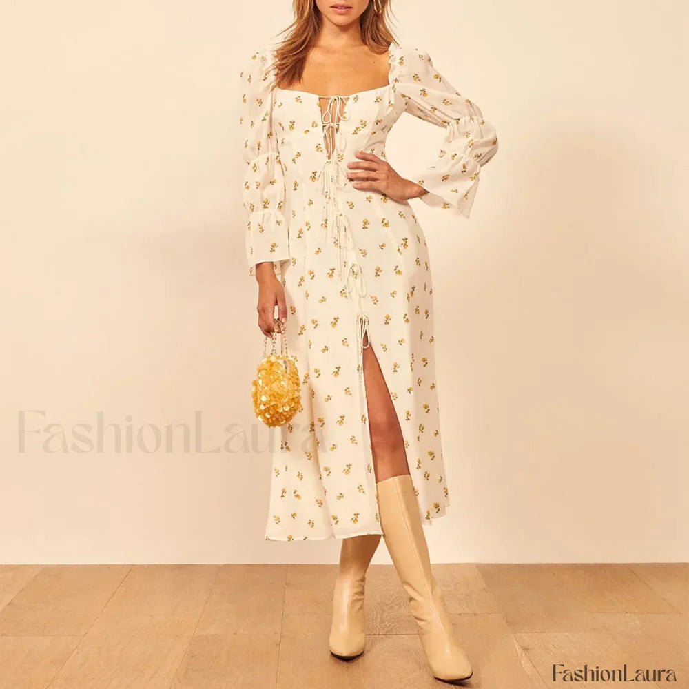 Three Quarter Ruffle Floral Dress Beige / S