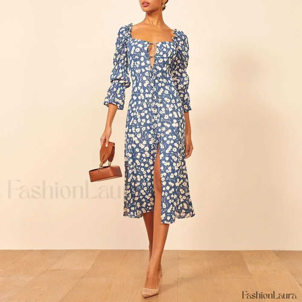 Three Quarter Ruffle Floral Dress Blue / S