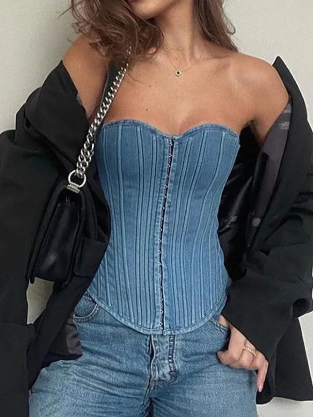 Tie Back Denim Bandeau Corset Top Navy Blue / S Tops&Tees