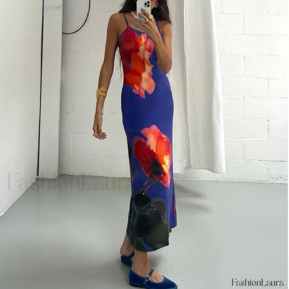 Tie Dye Floral Bodycon Maxi Dress Blue / S
