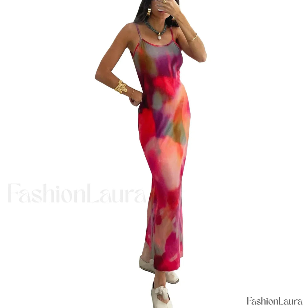 Tie Dye Floral Bodycon Maxi Dress Red / S
