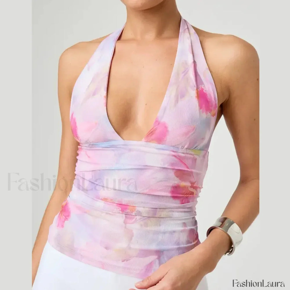 Tie Dye Halter Backless Crop Top Pink / S
