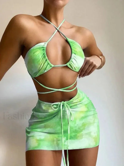Tie Dye Hollow Pleated Three Piece Set Green / S