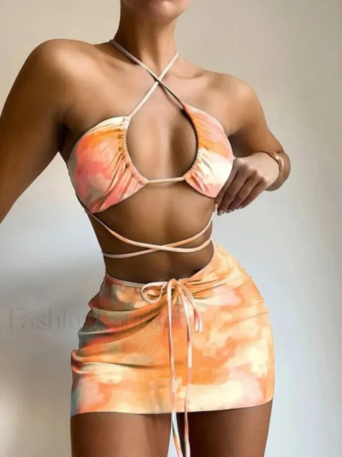 Tie Dye Hollow Pleated Three Piece Set Orange / S