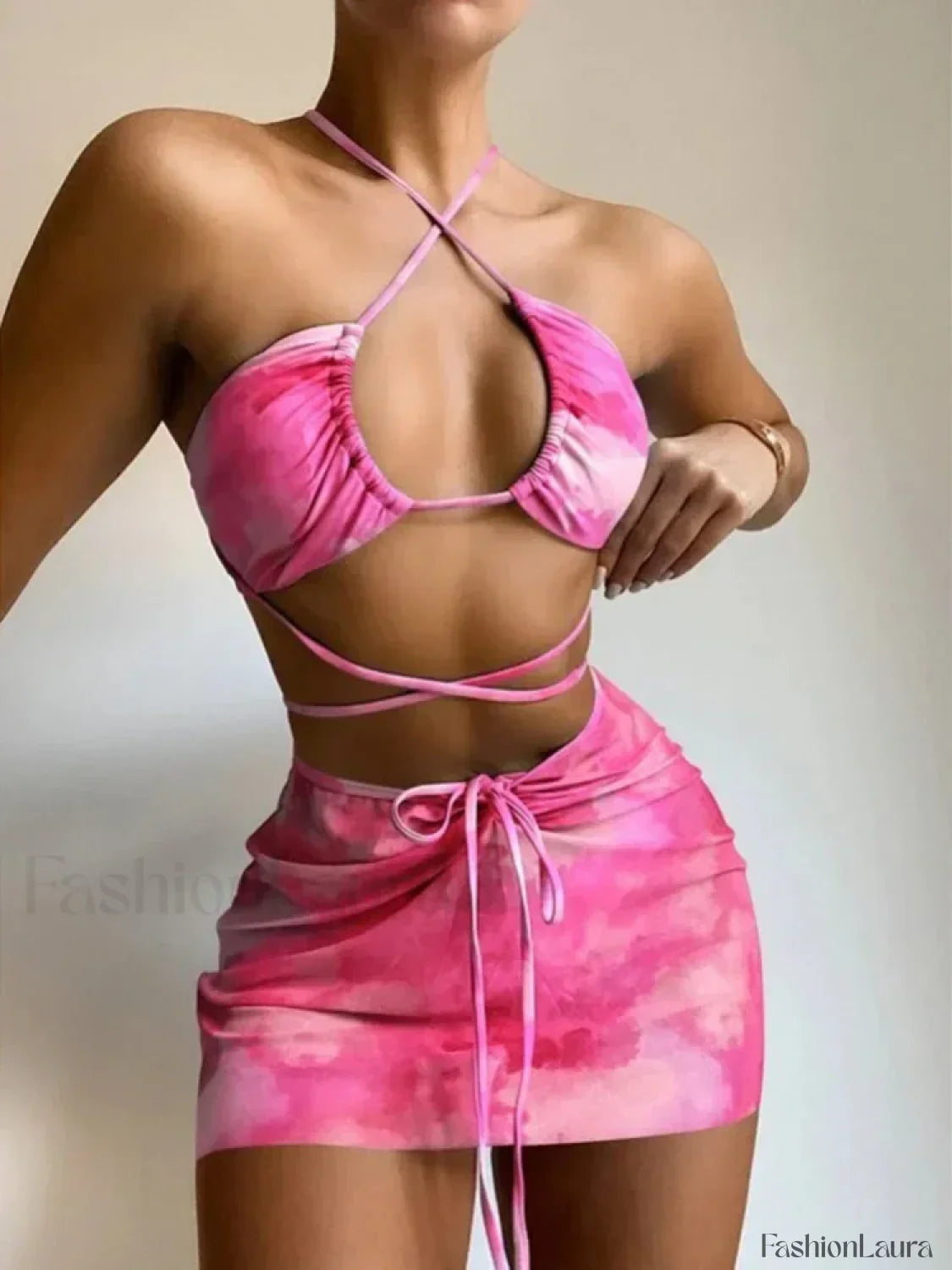 Tie Dye Hollow Pleated Three Piece Set Pink / S
