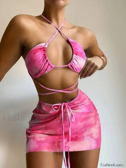 Tie Dye Hollow Pleated Three Piece Set Pink / S