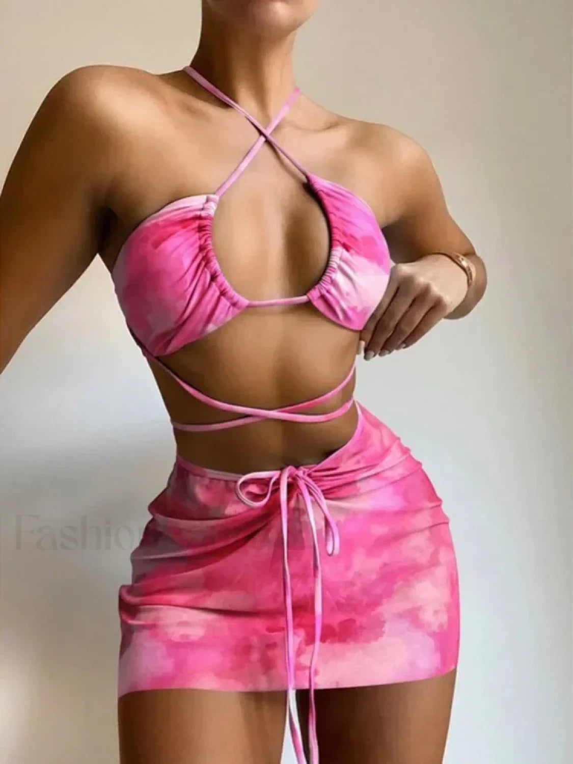 Tie Dye Hollow Pleated Three Piece Set Pink / S