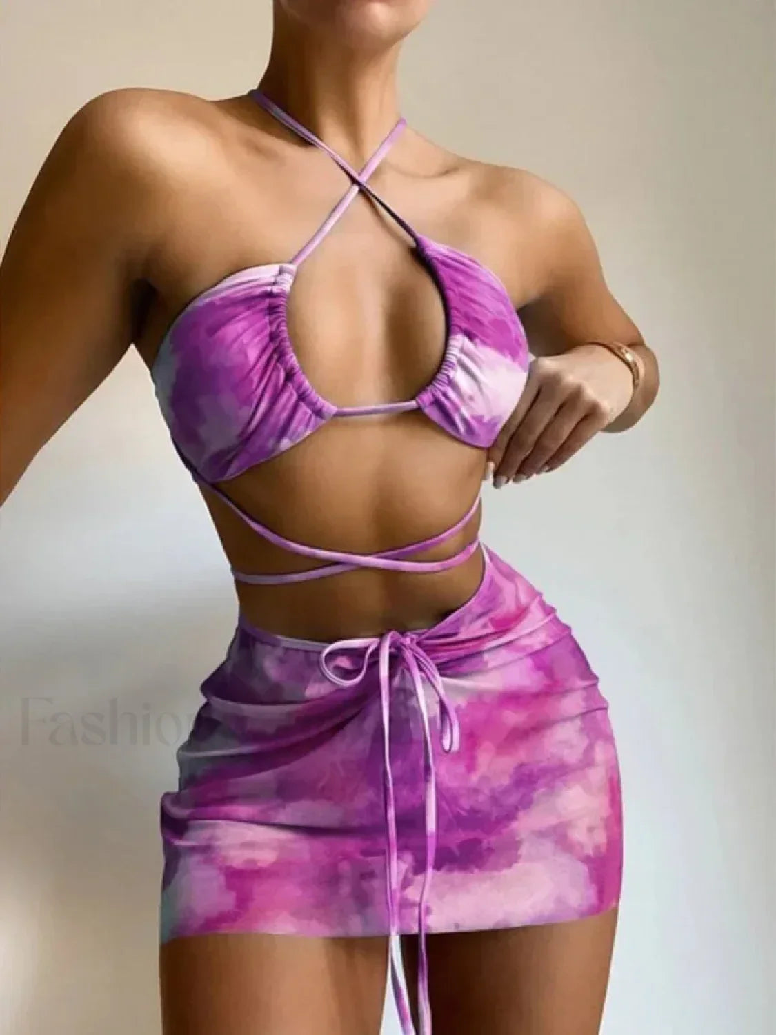Tie Dye Hollow Pleated Three Piece Set PURPLE / S