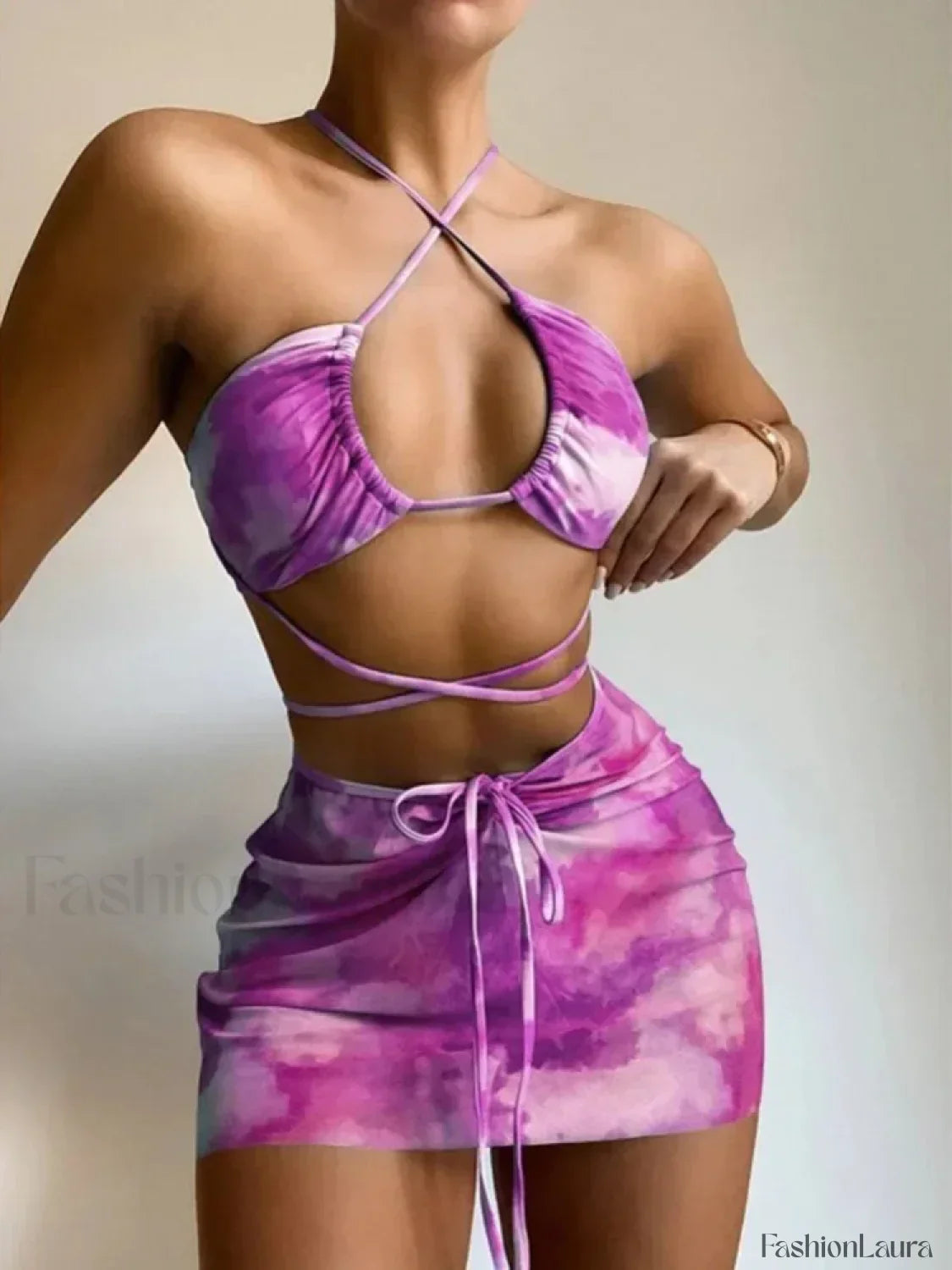 Tie Dye Hollow Pleated Three Piece Set PURPLE / S