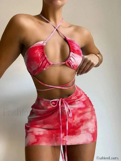 Tie Dye Hollow Pleated Three Piece Set Red / S