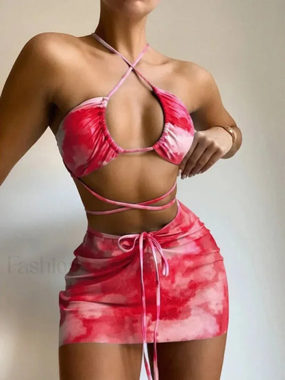 Tie Dye Hollow Pleated Three Piece Set Red / S