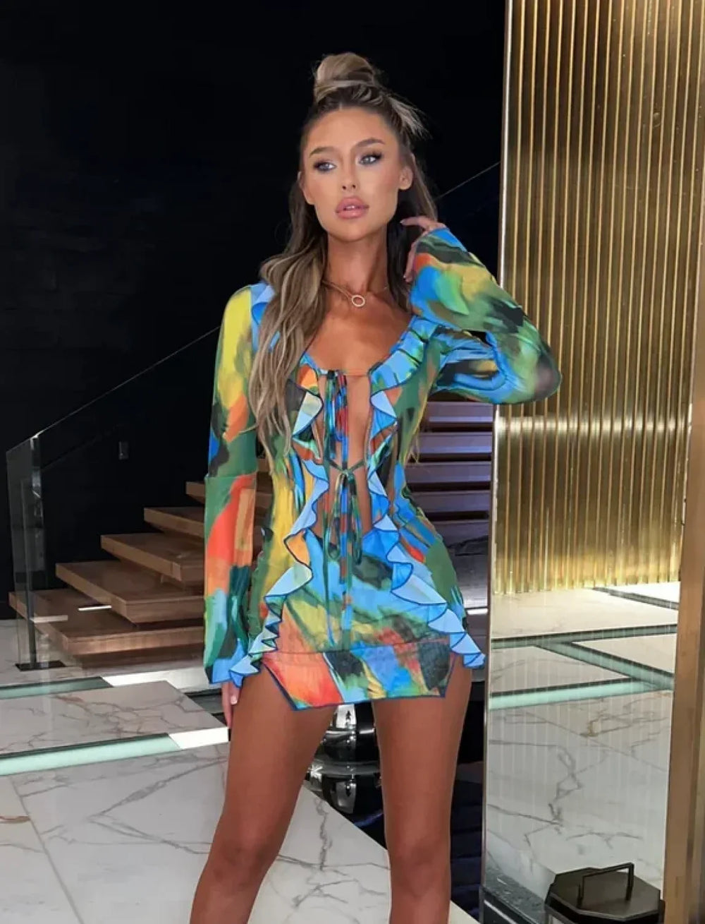 Tie Dye Long Sleeve Slit Mini Dress BLUE / S