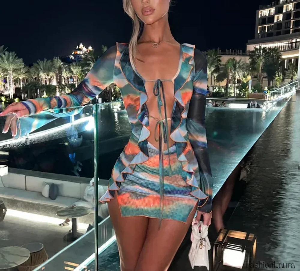 Tie Dye Long Sleeve Slit Mini Dress DARK BLUE / S