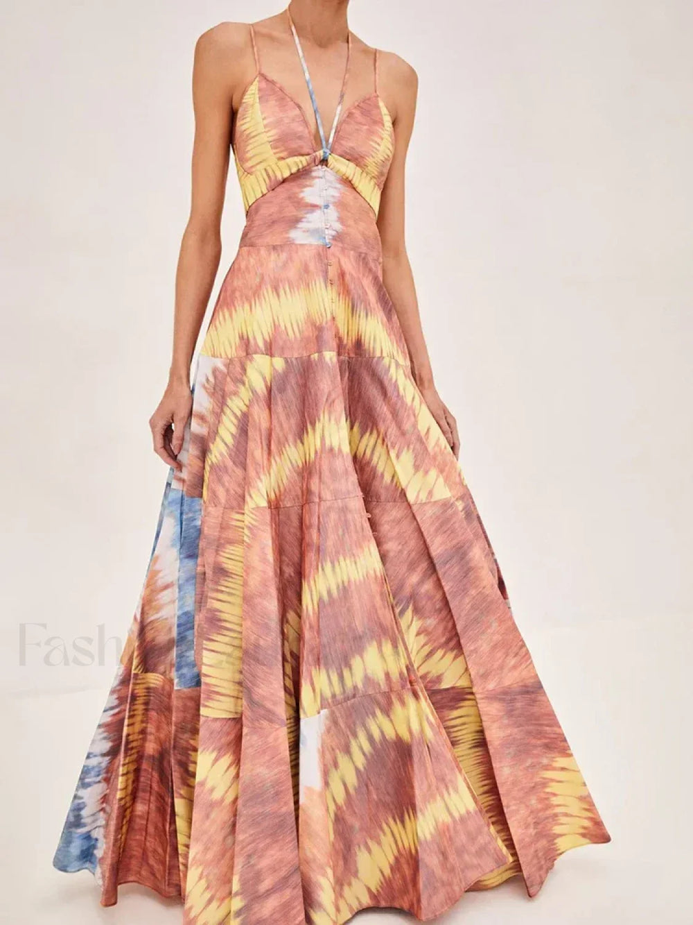 Tie Dye Patchwork Backless Maxi Dress BROWN / S