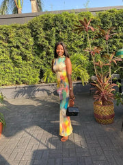 Tie dye Patchwork O neck Maxi Dress