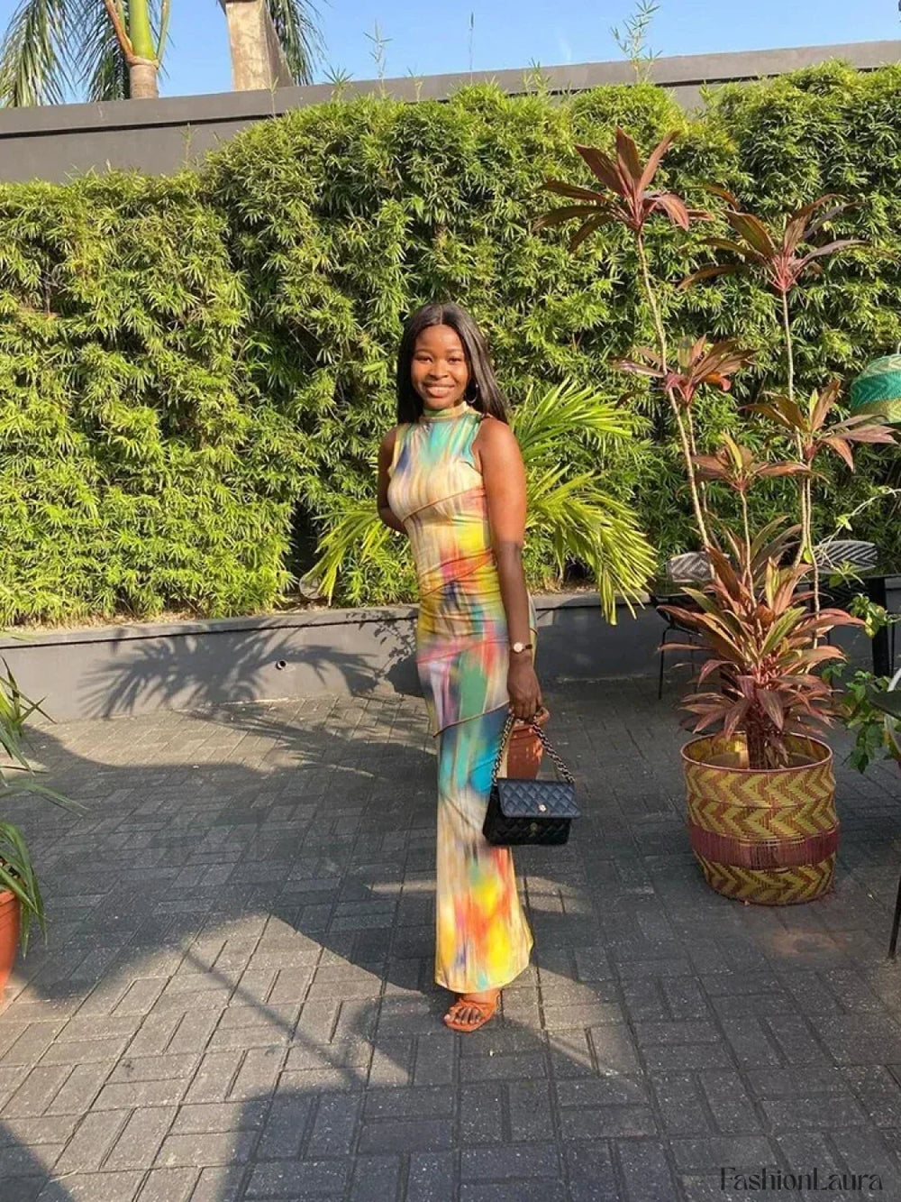 Tie dye Patchwork O neck Maxi Dress