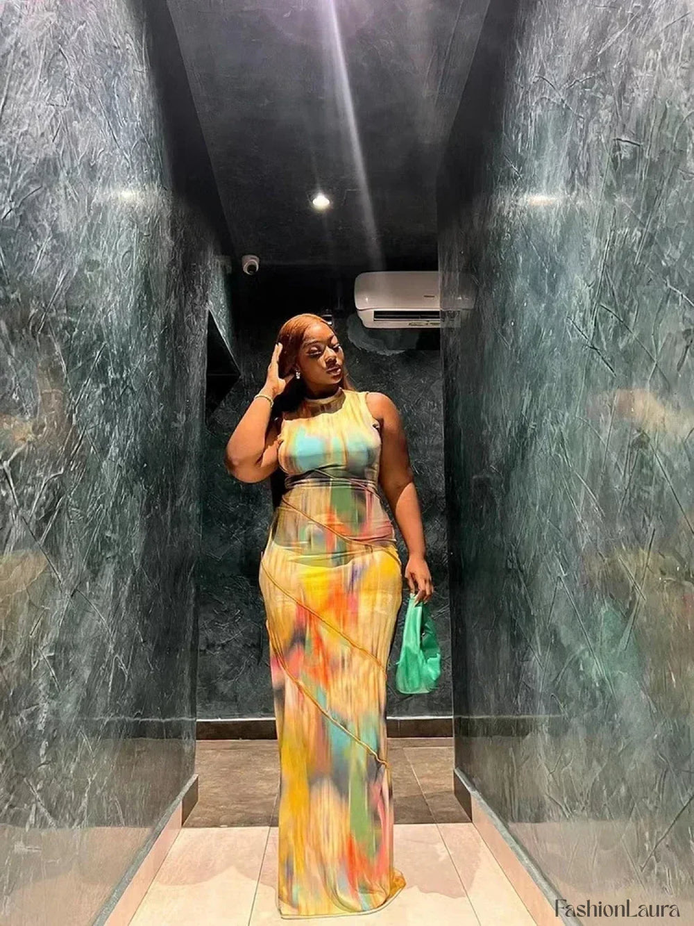 Tie dye Patchwork O neck Maxi Dress