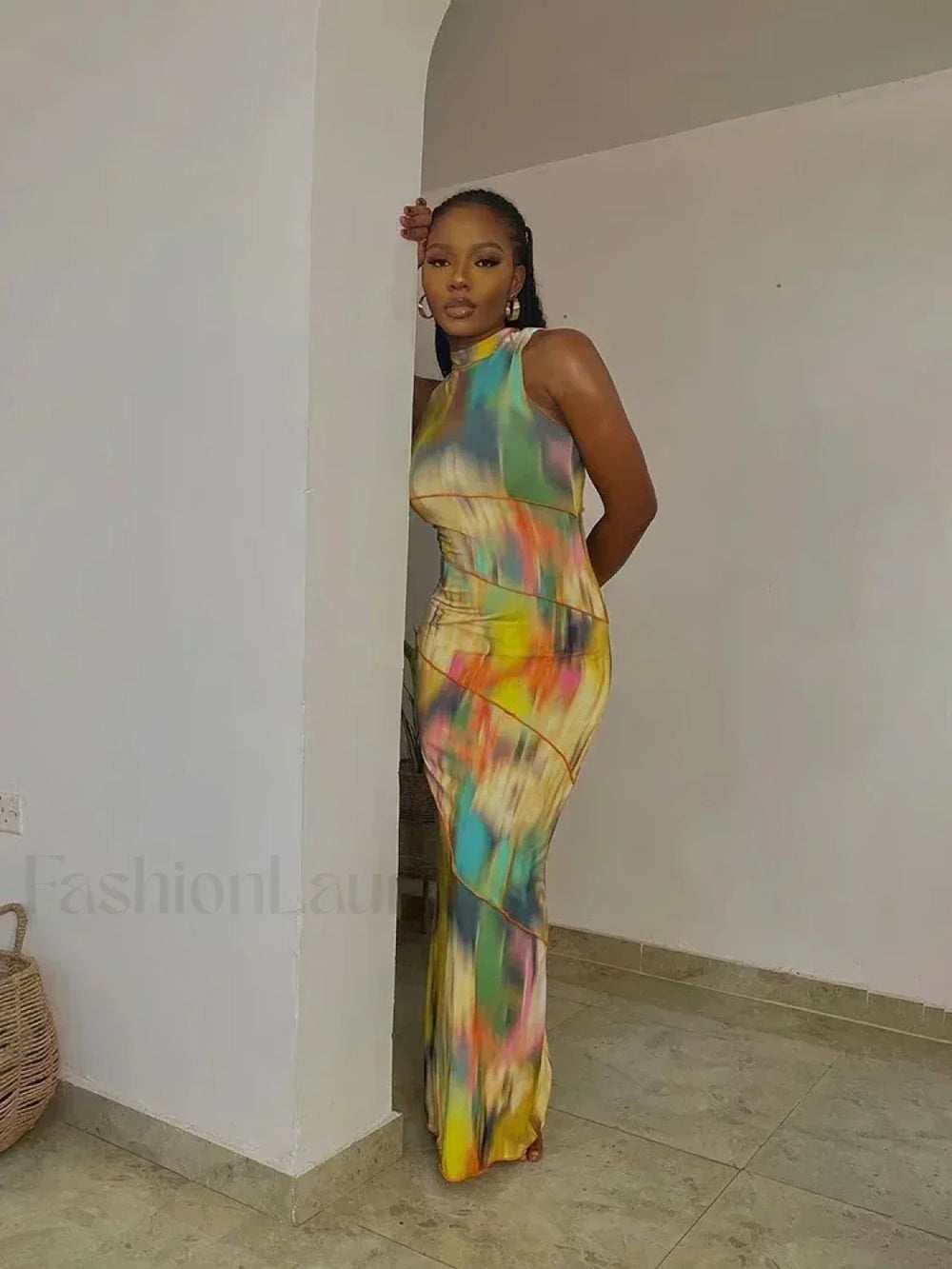 Tie dye Patchwork O neck Maxi Dress