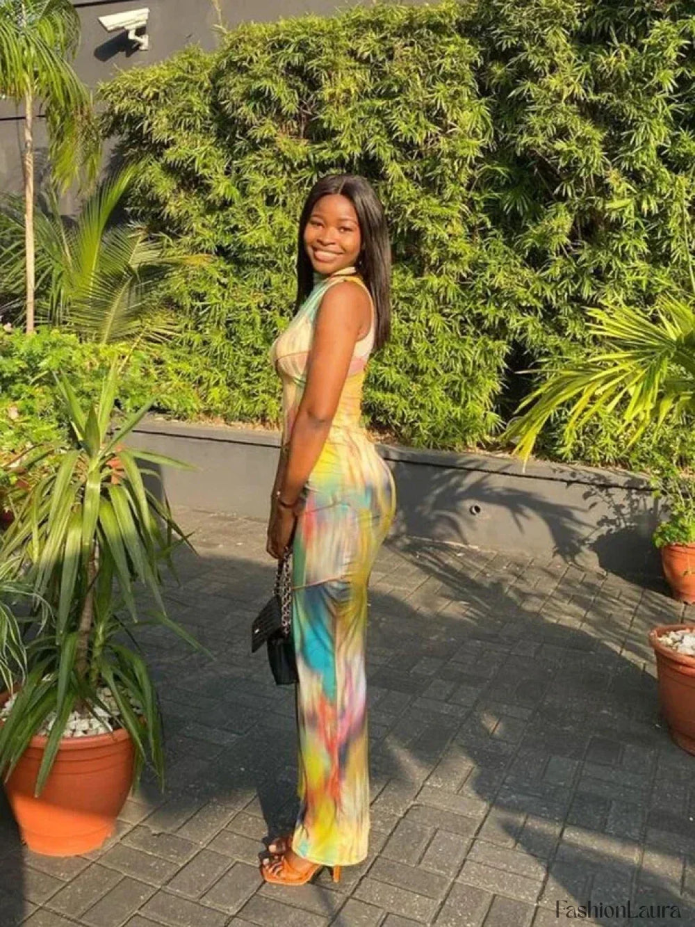 Tie dye Patchwork O neck Maxi Dress