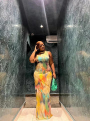 Tie dye Patchwork O neck Maxi Dress