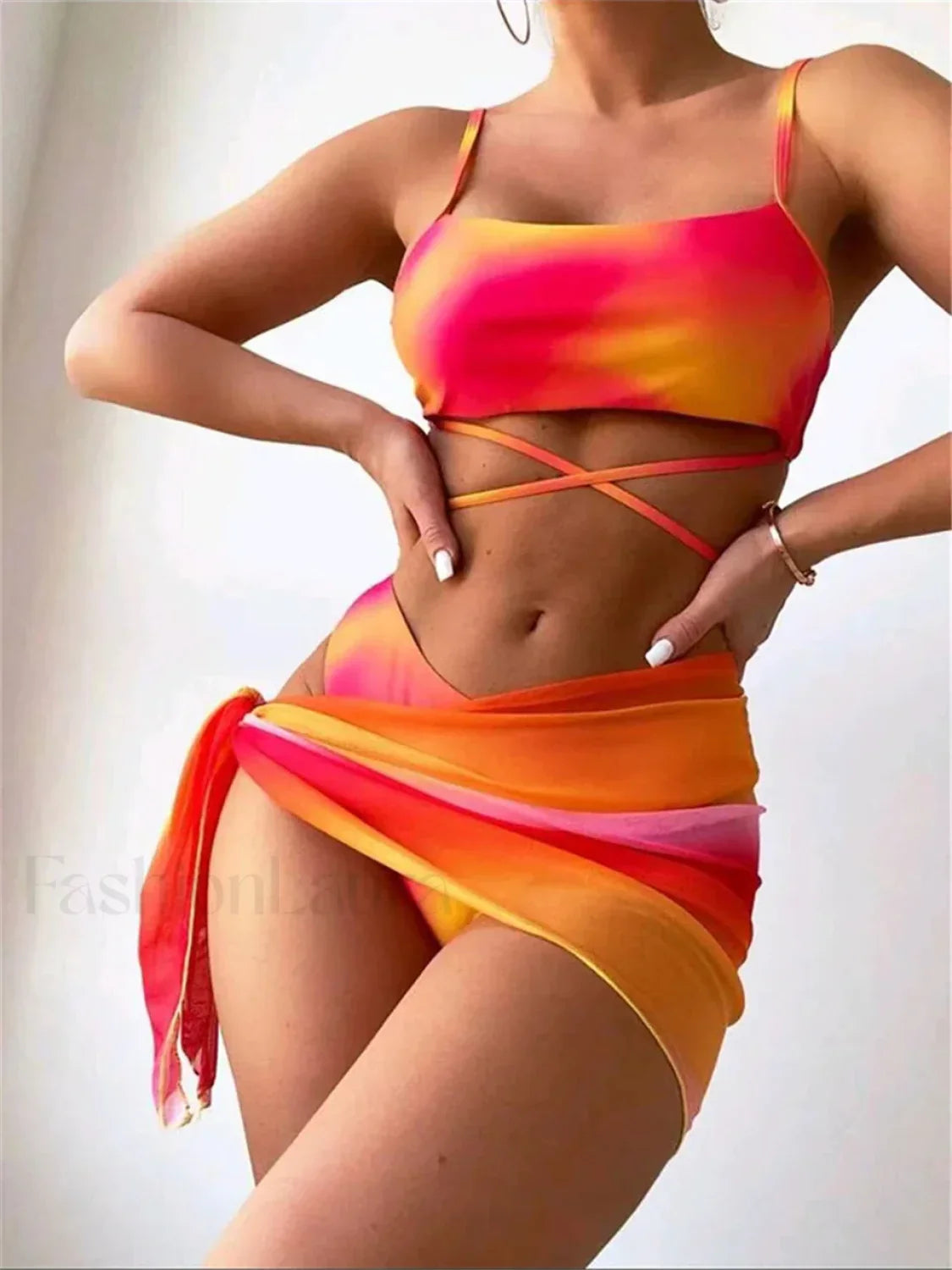 Tie Dye String Back Three Piece Set s3Orange / S