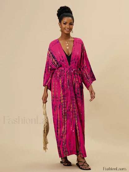 Tie dye Striped Tunic Cover Up ROSE RED / One Size