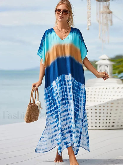 Tie Dye V Neck Plus Size Cover Up BLUE / One Size