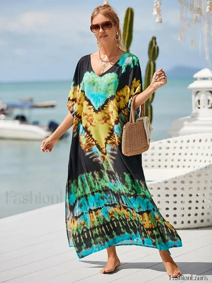 Tie Dye V Neck Plus Size Cover Up GREEN / One Size