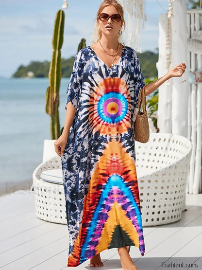 Tie Dye V Neck Plus Size Cover Up GREY / One Size