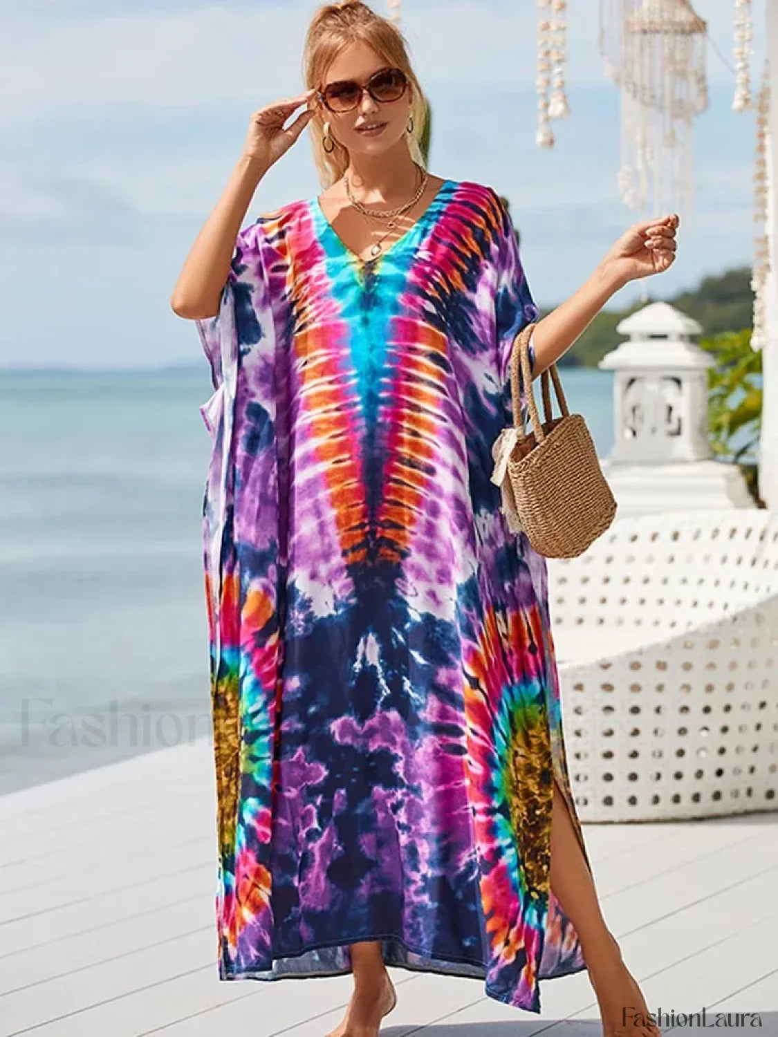 Tie Dye V Neck Plus Size Cover Up PURPLE / One Size