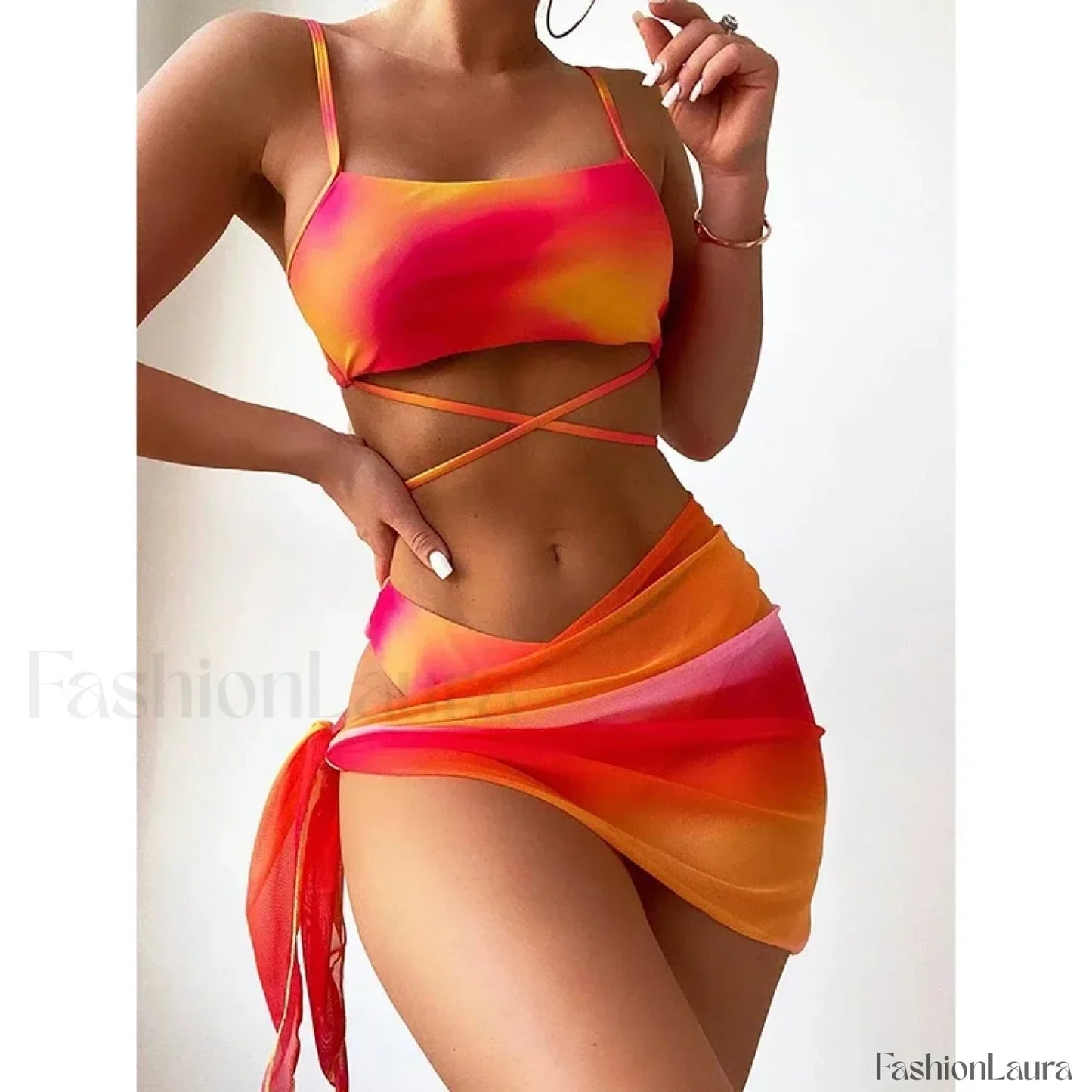 Tie Dyed Mesh Gradient Three Piece Set ORANGE RED / S