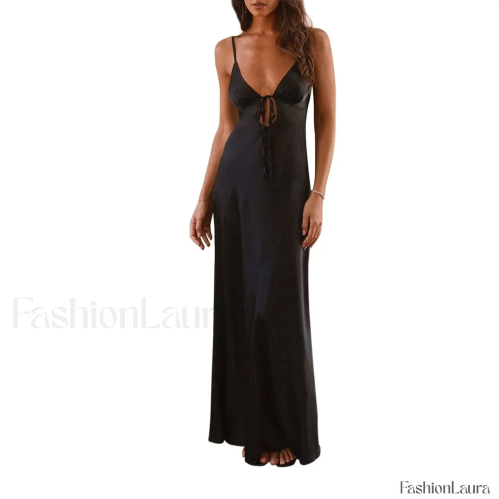 Tie Front Backless Cami Maxi Dress Black / S
