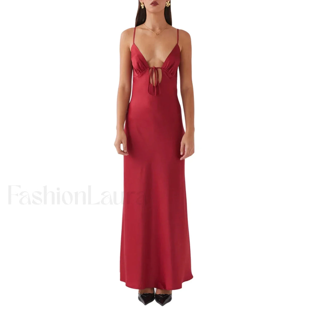 Tie Front Backless Cami Maxi Dress Burgundy / S