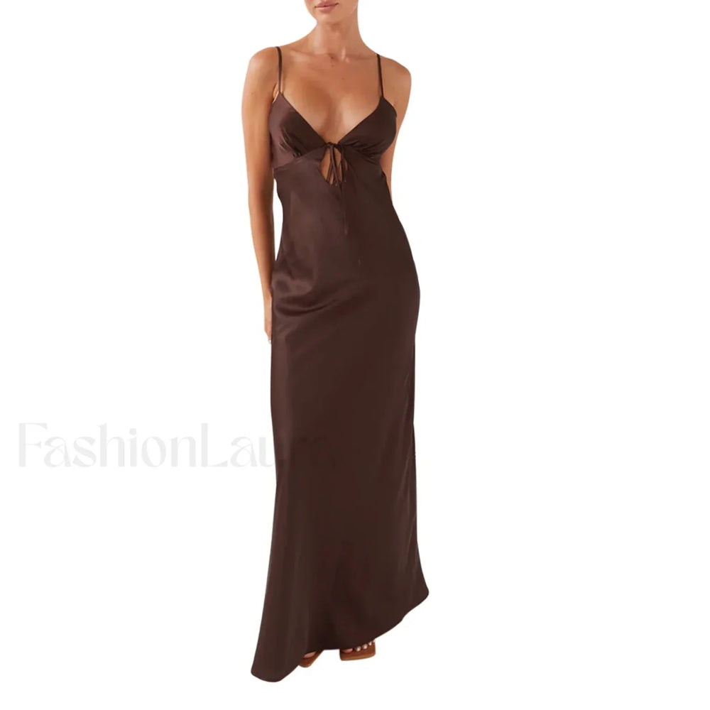 Tie Front Backless Cami Maxi Dress Coffee / S