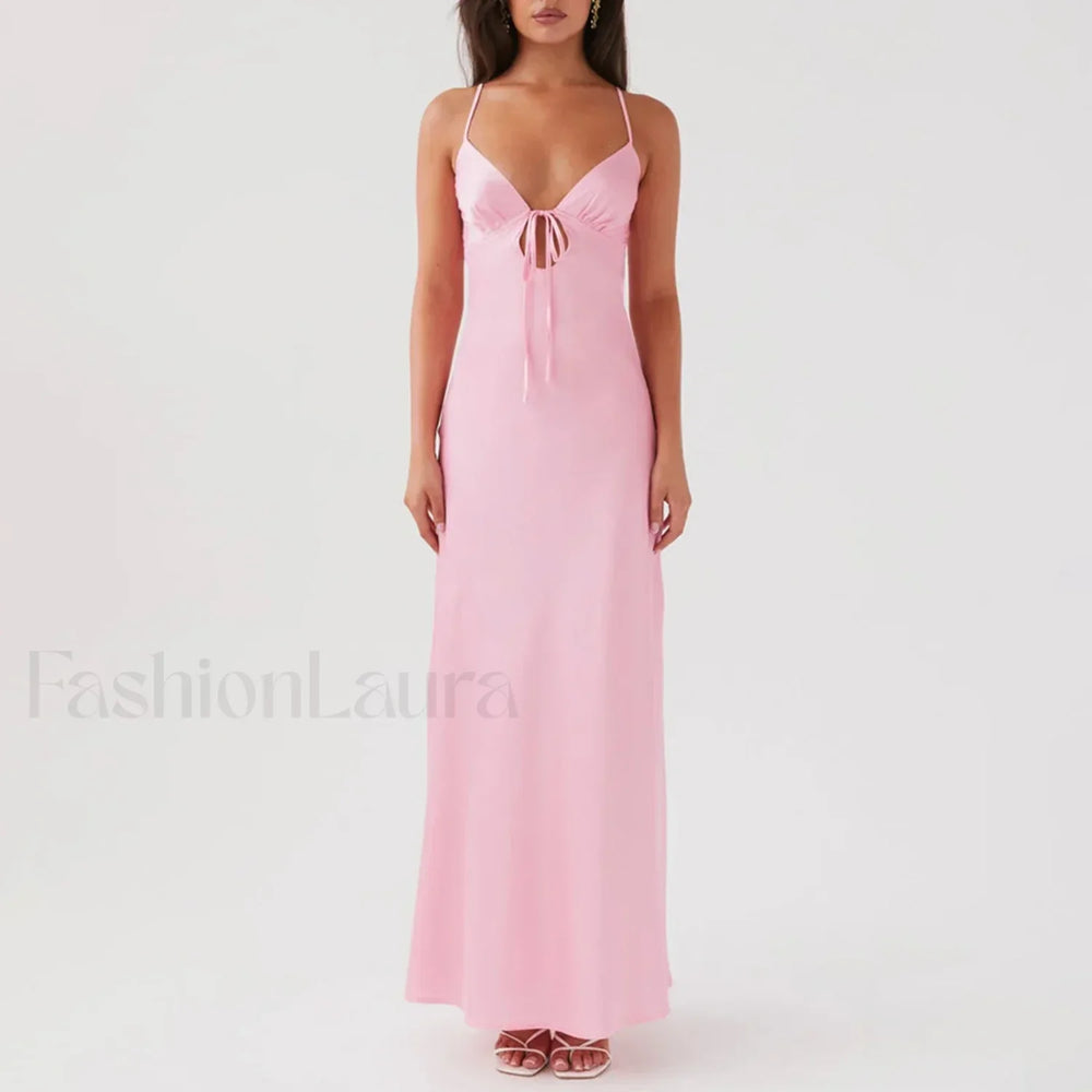 Tie Front Backless Cami Maxi Dress Pink / S