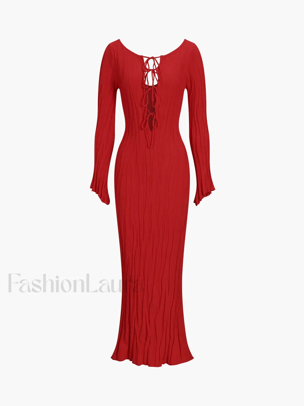 Tie Front Backless Lace Trendy Up Sweater Long Dress Red / S Sweaters L