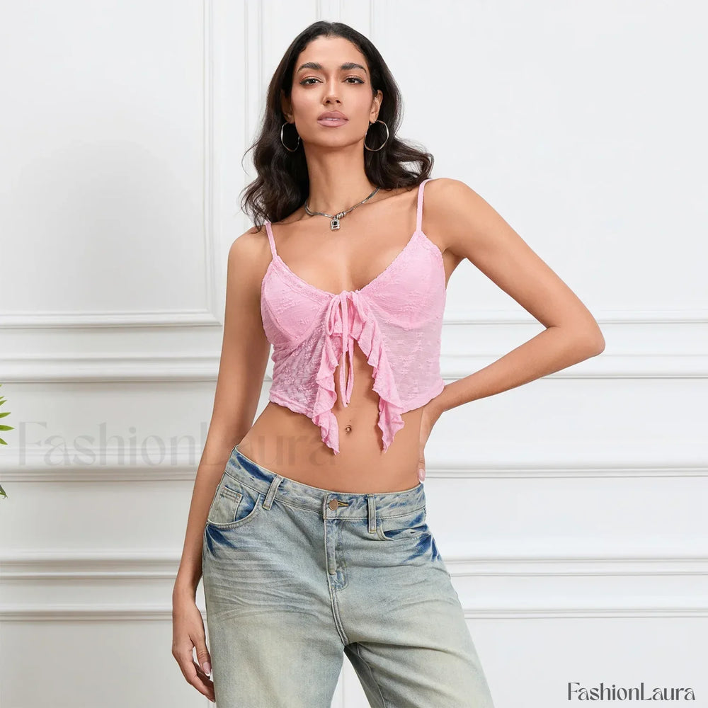 Tie Front Lace Trim Crop Top