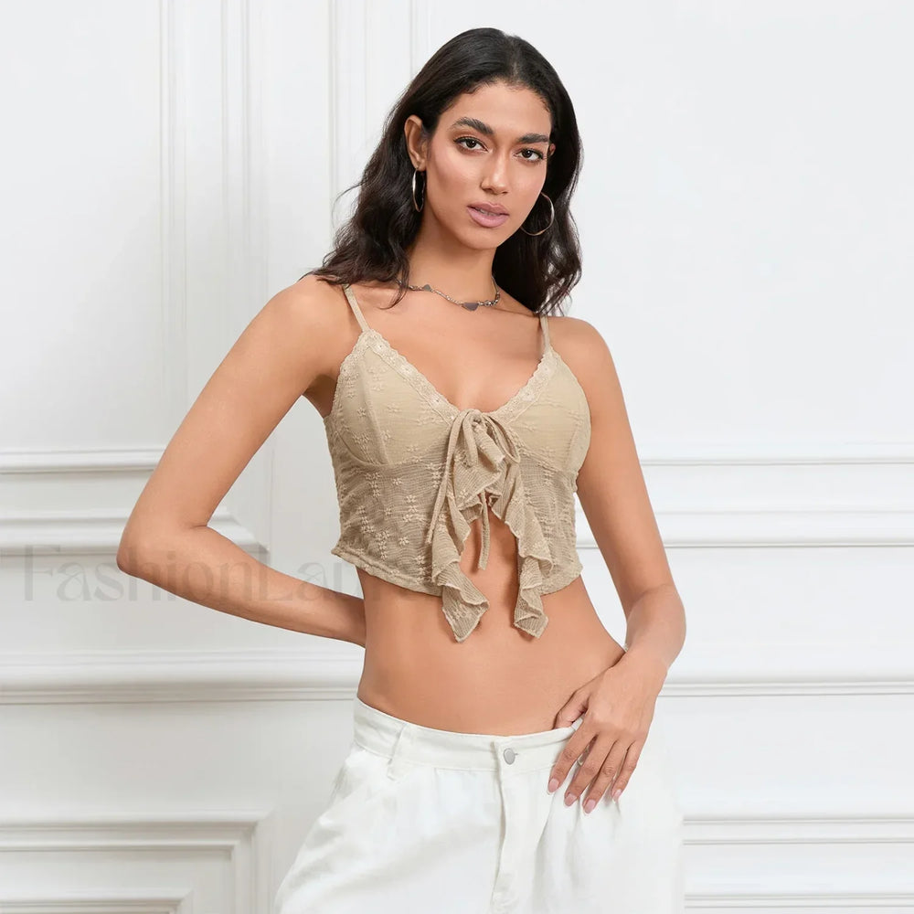 Tie Front Lace Trim Crop Top Khaki / S