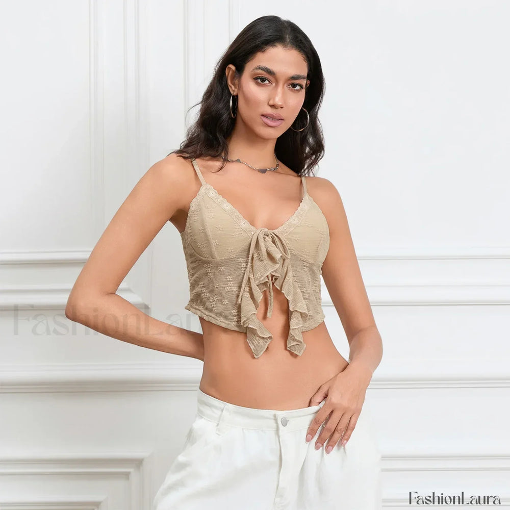 Tie Front Lace Trim Crop Top Khaki / S