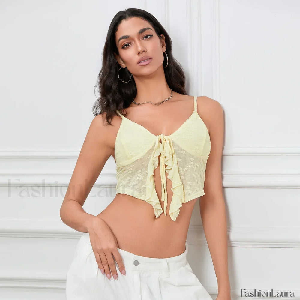 Tie Front Lace Trim Crop Top Yellow / S