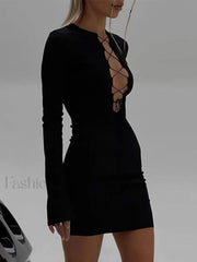 Tie Front Ribbed Long Sleeve Mini Dress Mini Dresses