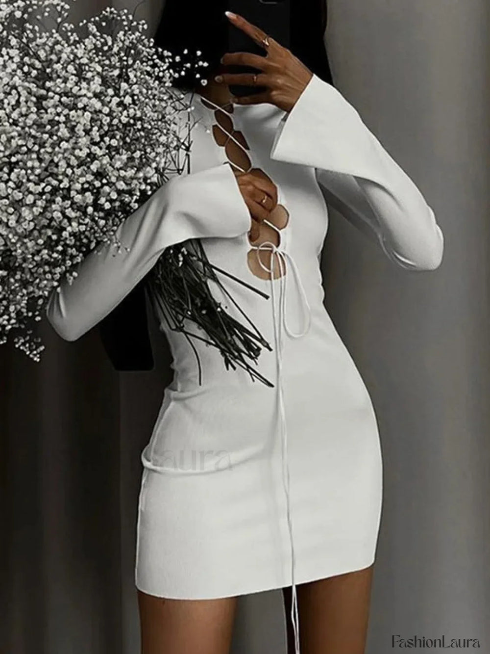 Tie Front Ribbed Long Sleeve Mini Dress White / S Mini Dresses