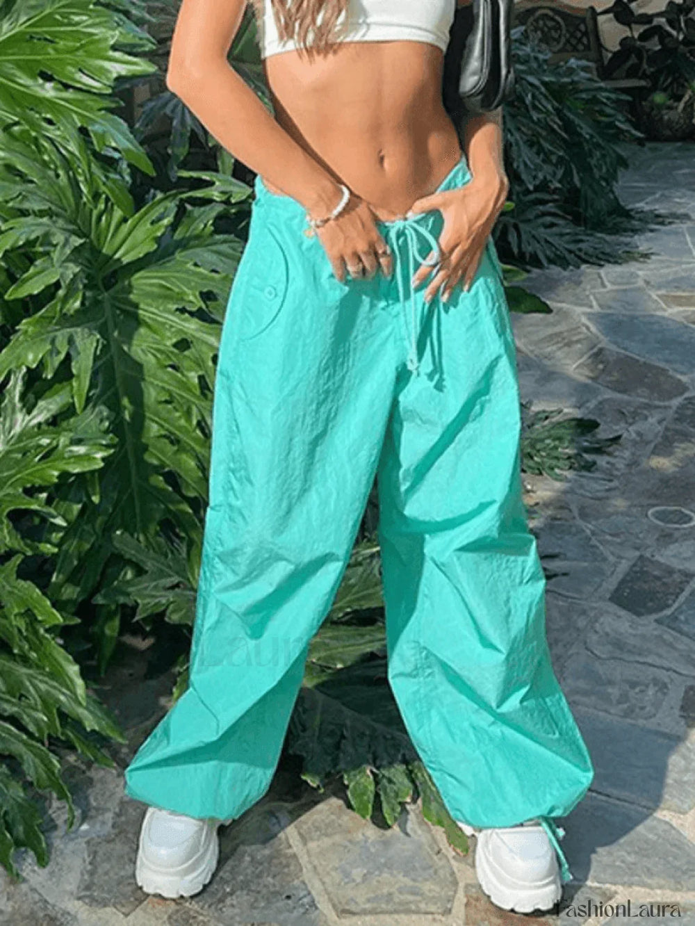 Tie Strap Baggy Parachute Cargo Pants Green / S Pants