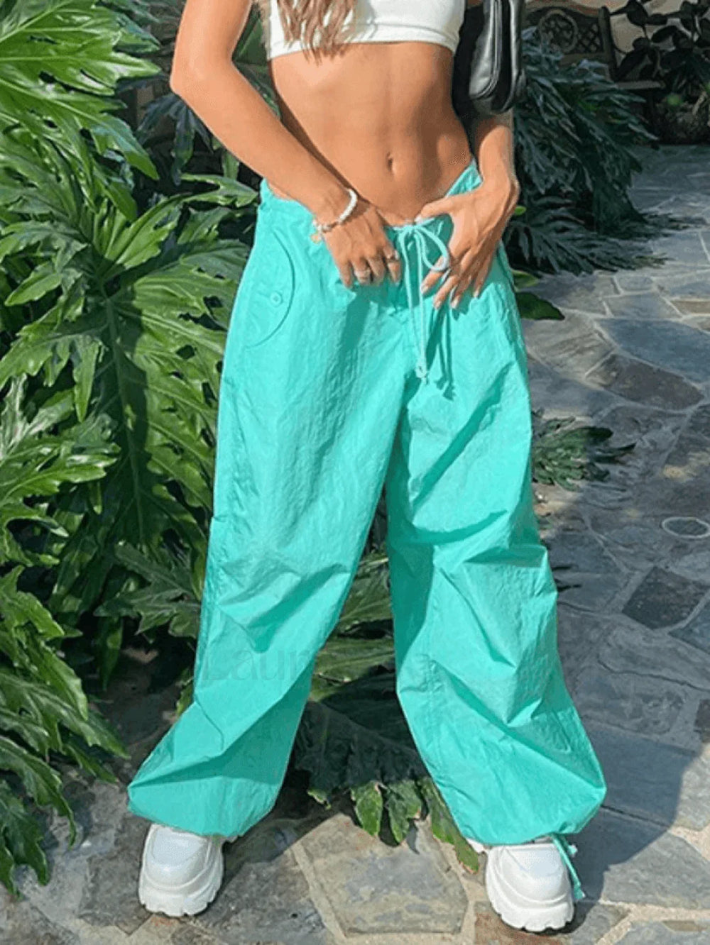 Tie Strap Baggy Parachute Cargo Pants Green / S Pants