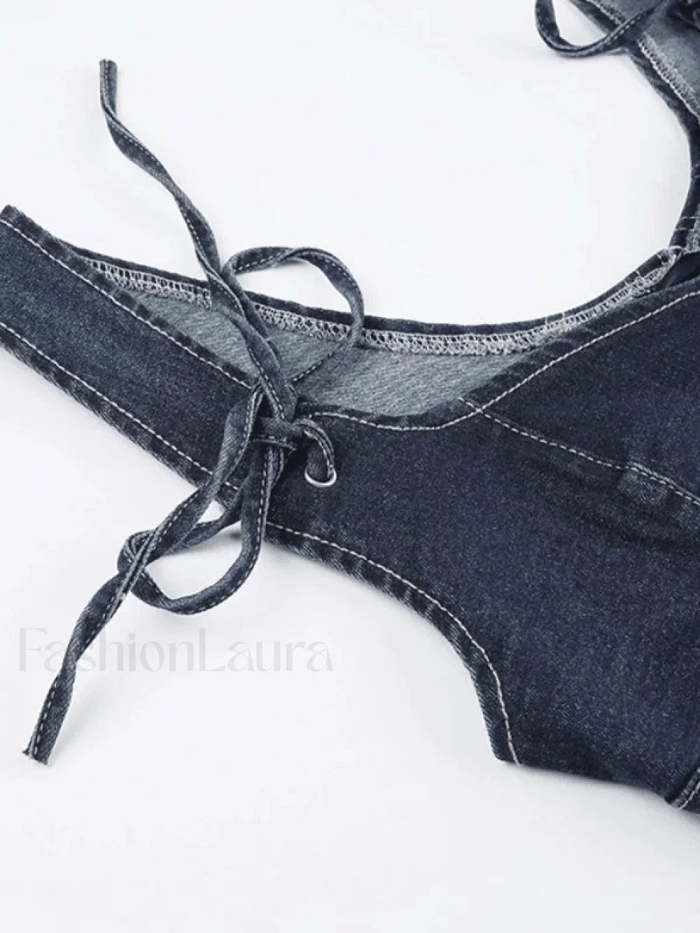 Tie Strap Denim Corset Top Tops&Tees
