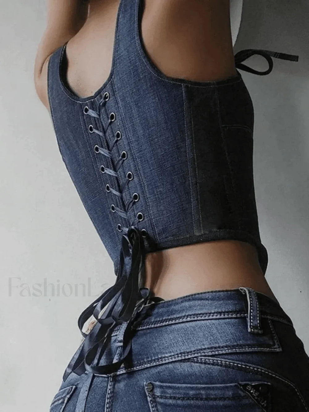 Tie Strap Denim Corset Top Tops&Tees
