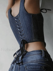 Tie Strap Denim Corset Top Tops&Tees