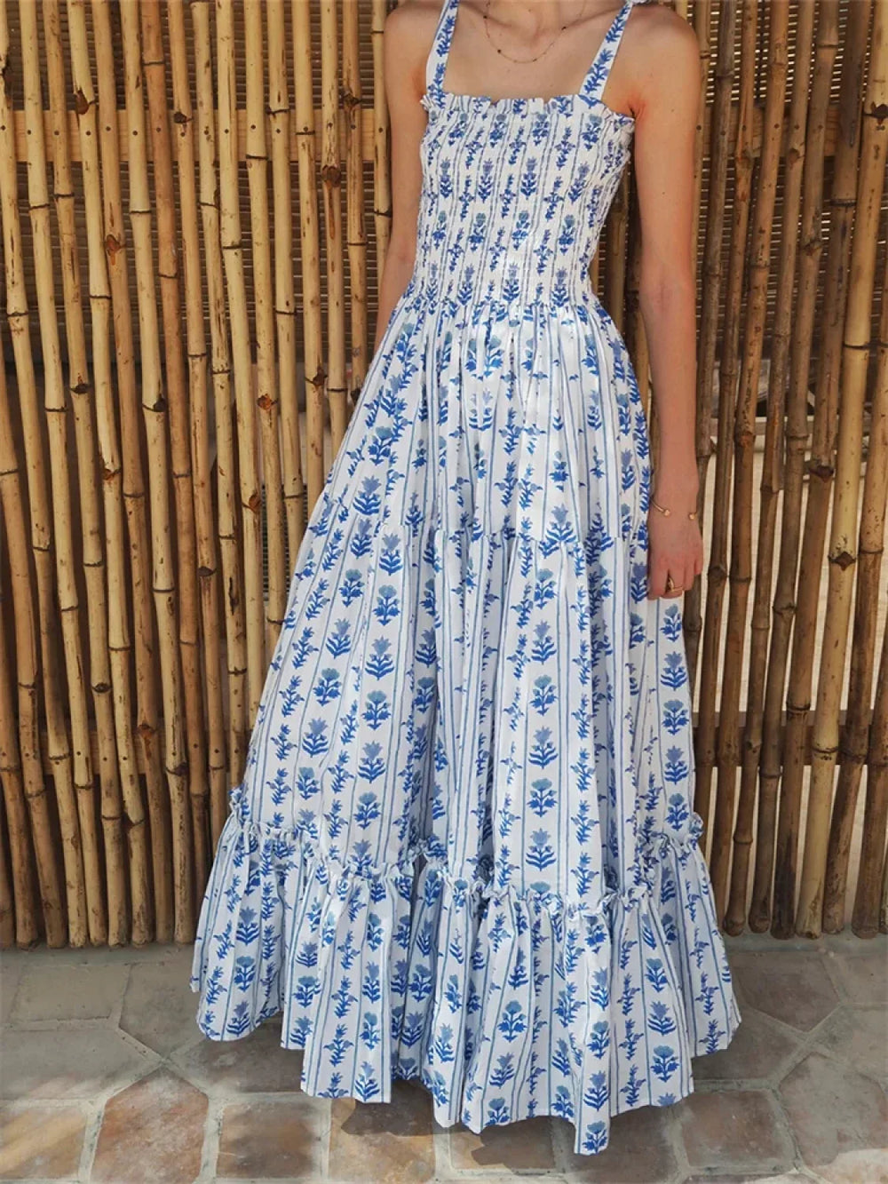 Tie Strap Floral A Line Maxi Dress blue / S