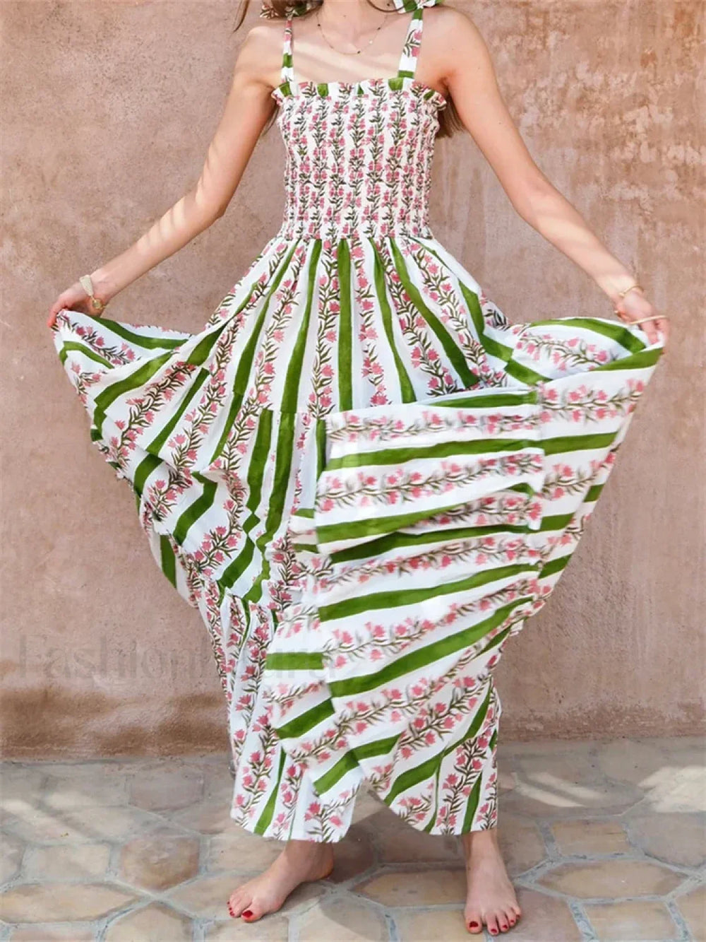 Tie Strap Floral A Line Maxi Dress green / S