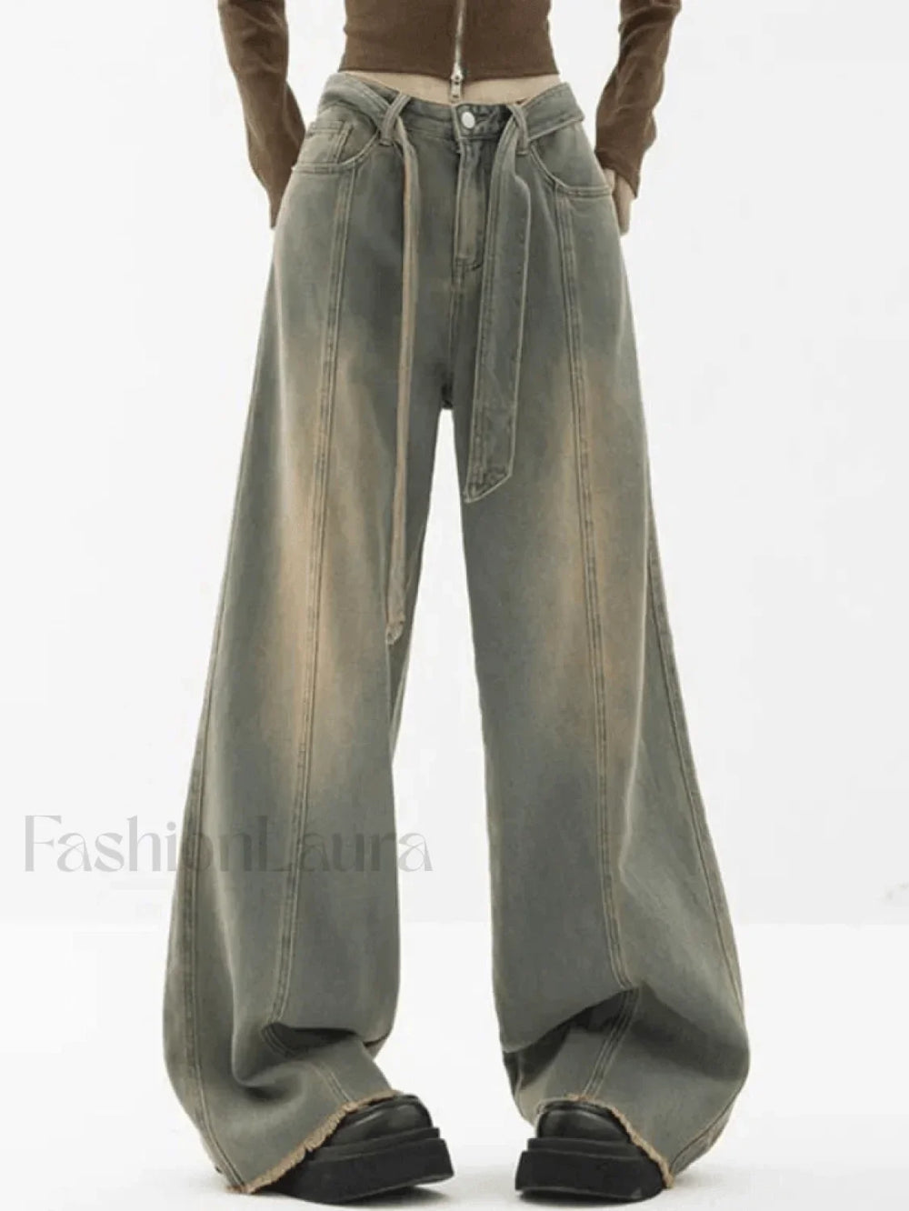 Tie Strap Seam Detail Boyfriend Jeans Blue / S Jeans